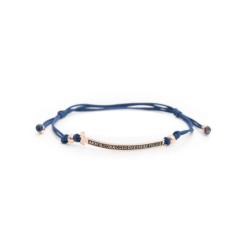 Bracciale Agios in corda "Felix" Corda blu con targhetta rosé - Galleria Mariana