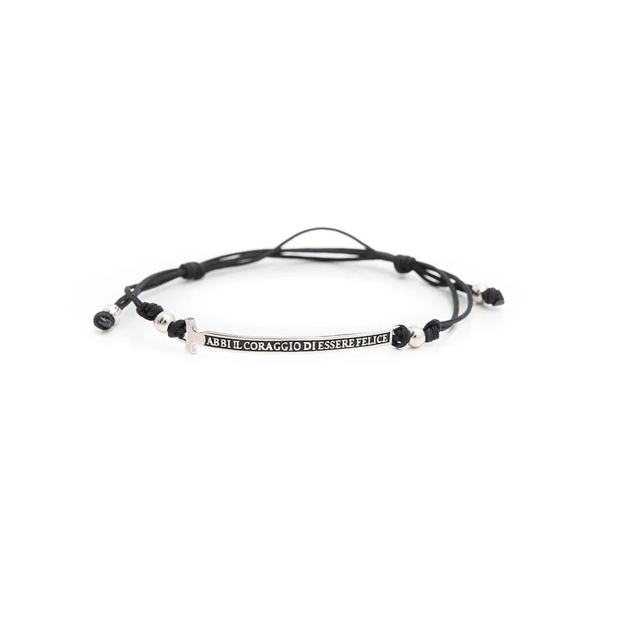 Bracciale in corda "Felix" con Corda nero e Targhetta Argento - Galleria Mariana