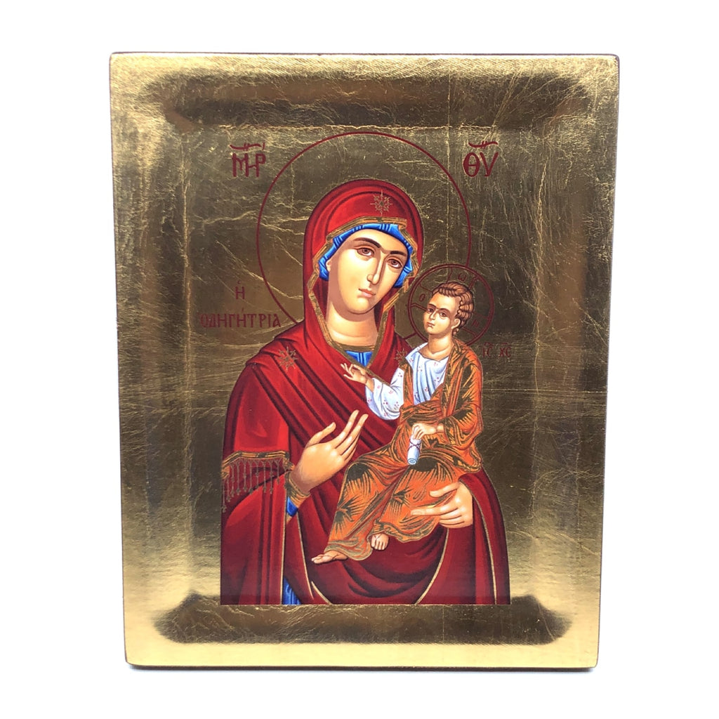 Icona d'oro della Madonna di Odigitria con drappo rosso - Galleria Mariana