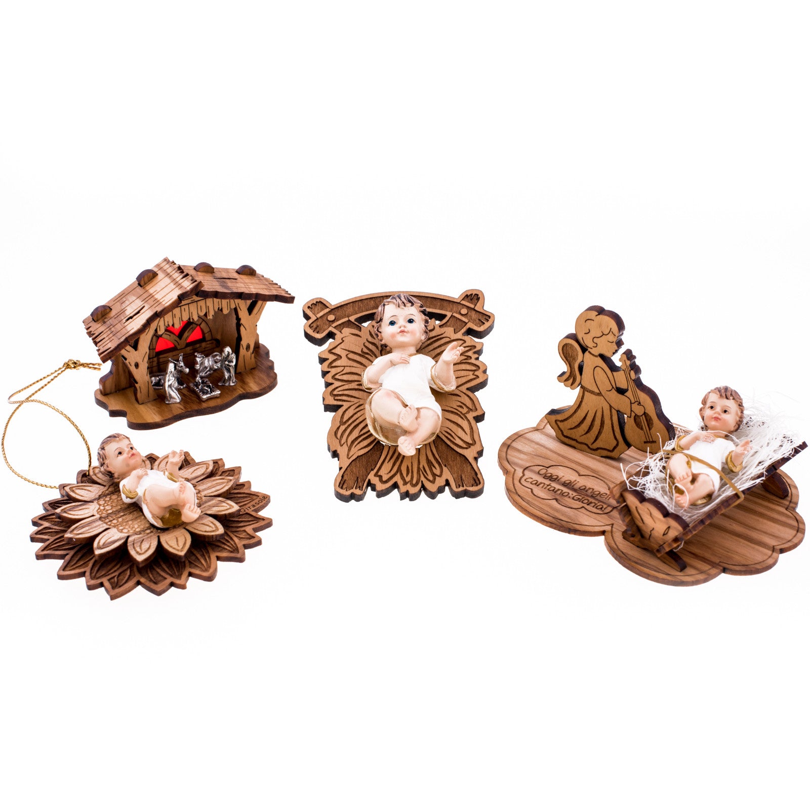 Set completo Gesù bambino con angelo della Gloria in legno - Galleria Mariana